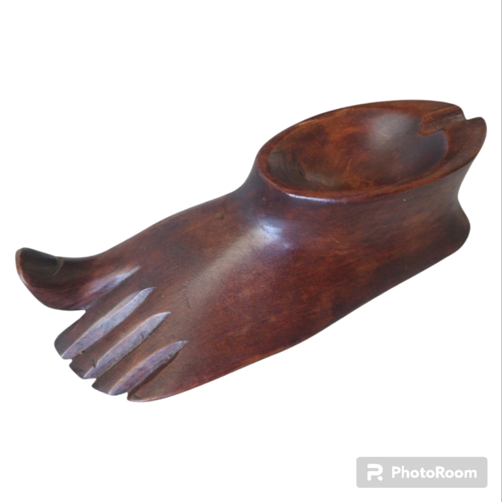 Vintage Folk Art Wood Foot Ashtray Sculpture Decor